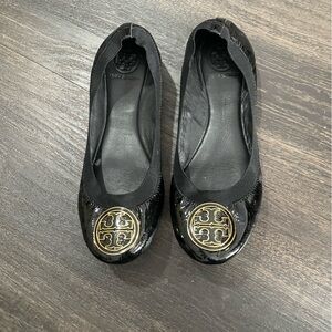 Tory Burch Black Patent Flats with Gold Logo